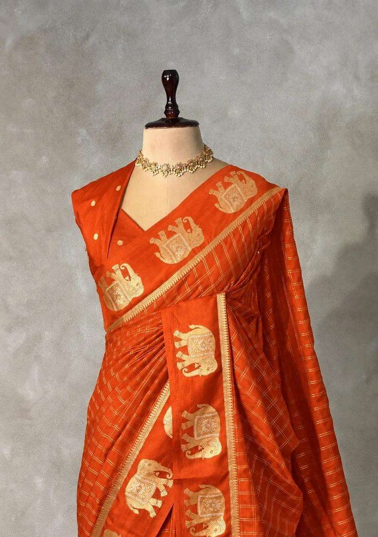 Orange Soft Silk Saree With Traditional Woven Design For Women - Indya