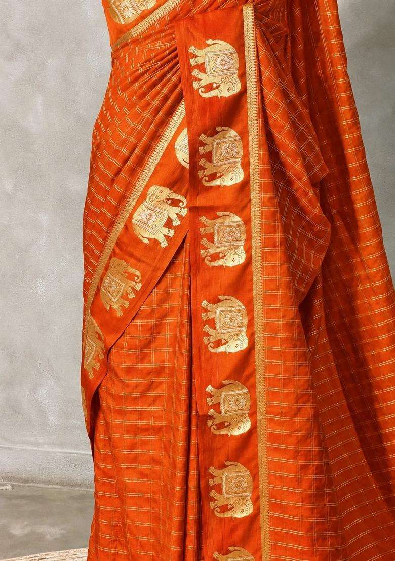 Orange Soft Silk Saree With Traditional Woven Design For Women - Indya