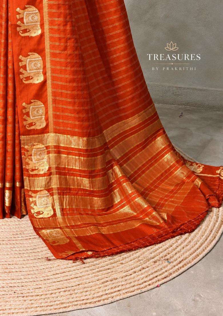Orange Soft Silk Saree With Traditional Woven Design For Women - Indya