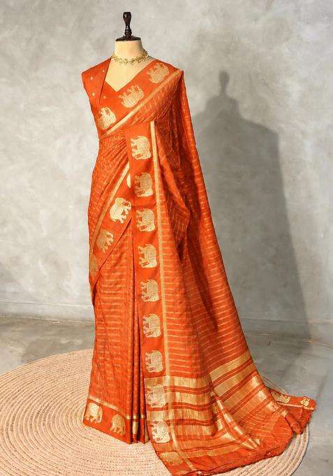 Orange Soft Silk Saree With Traditional Woven Design For Women