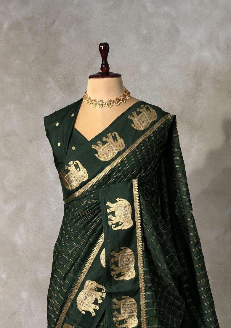 Bottle Green Soft Silk Saree With Traditional Woven Design For Women - Indya