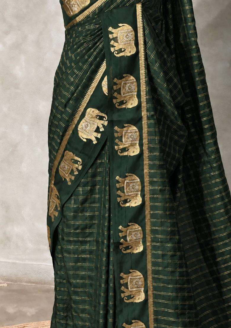 Bottle Green Soft Silk Saree With Traditional Woven Design For Women - Indya