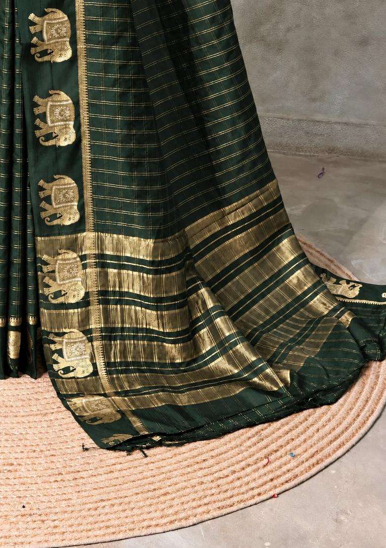 Bottle Green Soft Silk Saree With Traditional Woven Design For Women - Indya