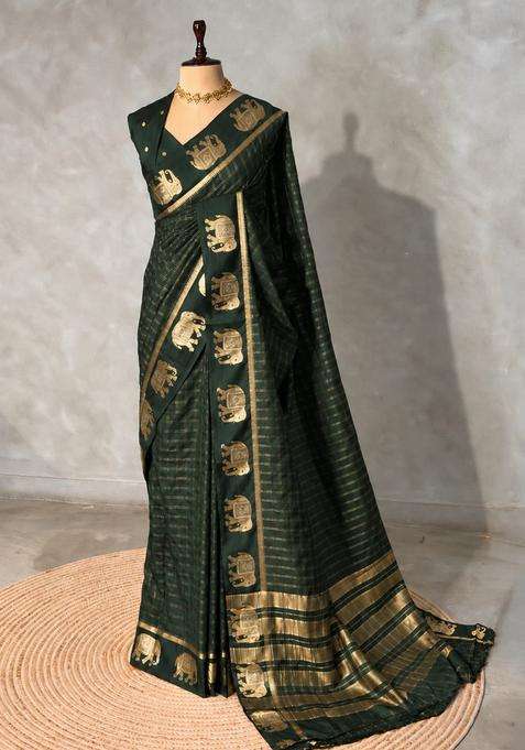 Bottle Green Soft Silk Saree With Traditional Woven Design For Women