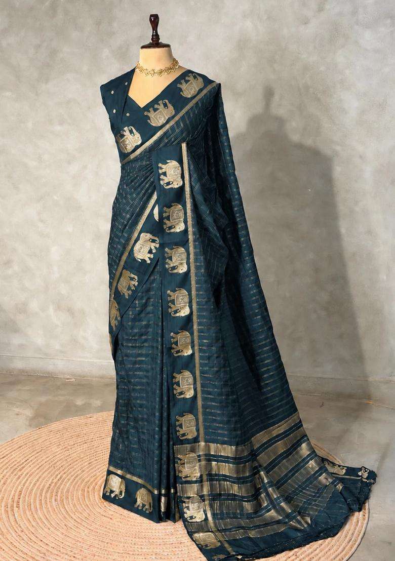 Peacock Blue Soft Silk Saree With Traditional Woven Design For Women - Indya