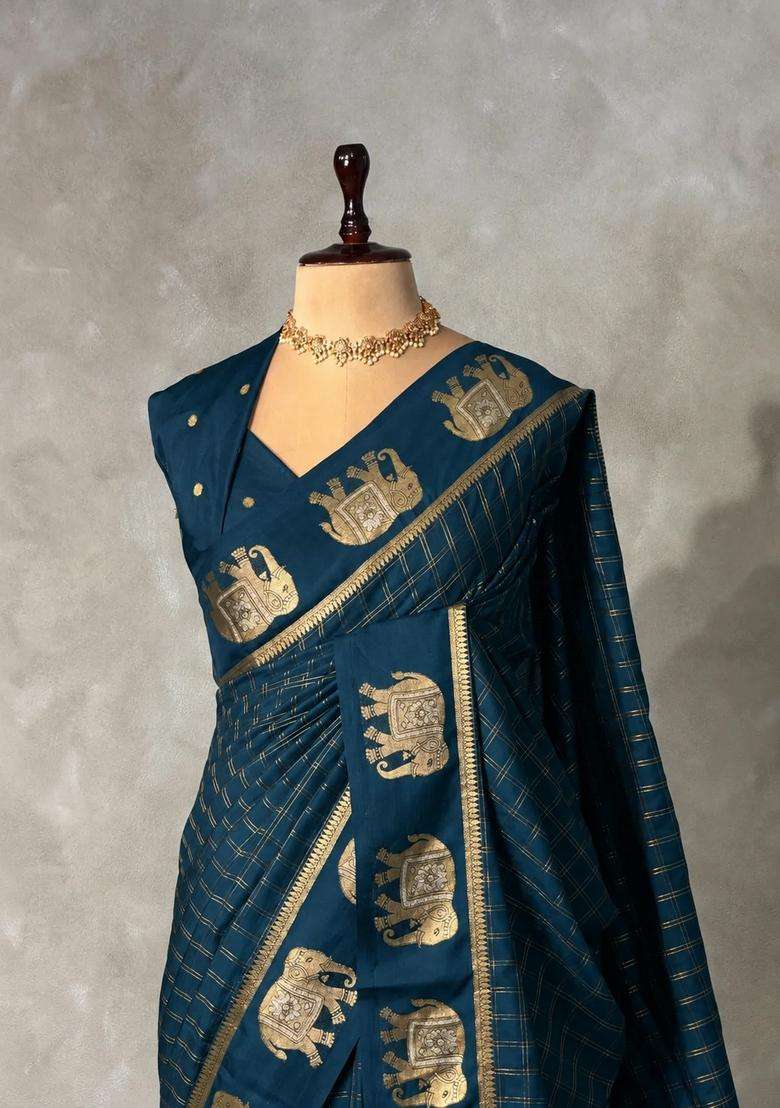 Peacock Blue Soft Silk Saree With Traditional Woven Design For Women - Indya