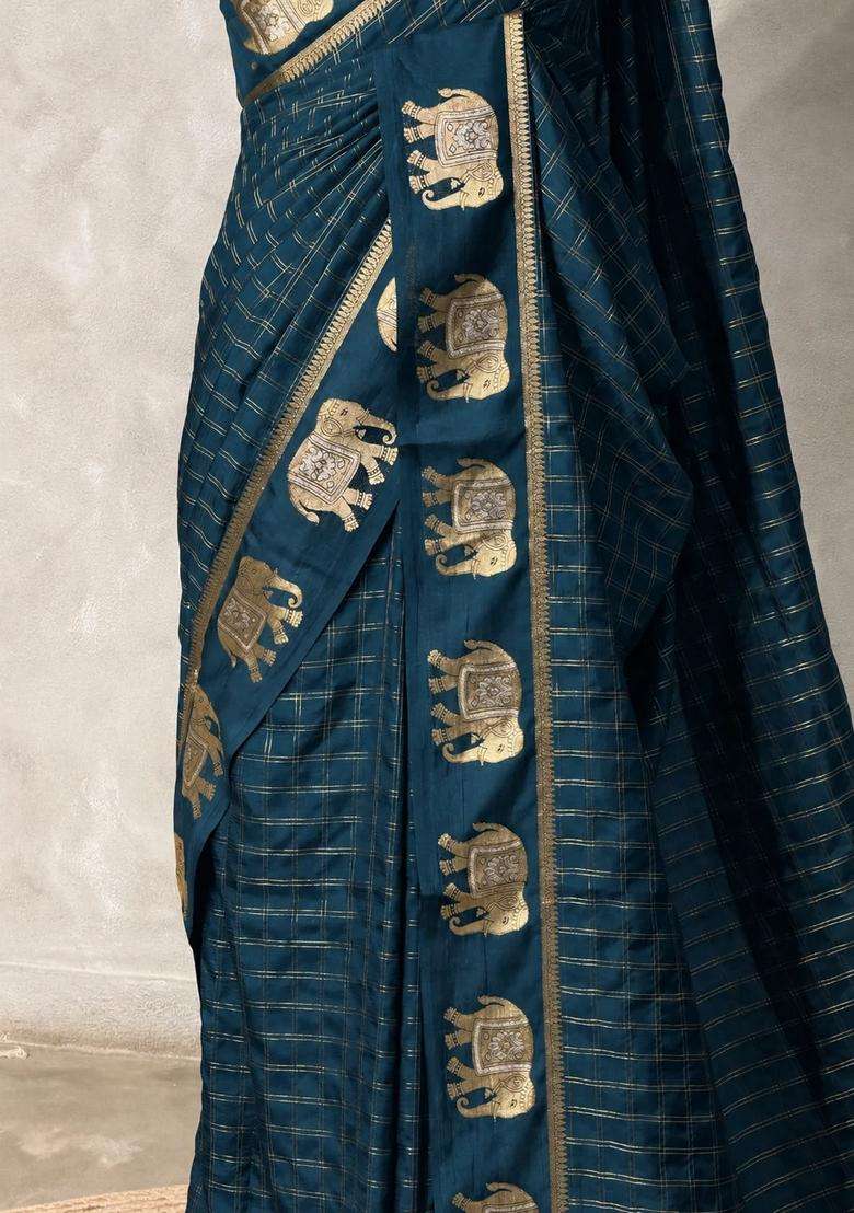 Peacock Blue Soft Silk Saree With Traditional Woven Design For Women - Indya