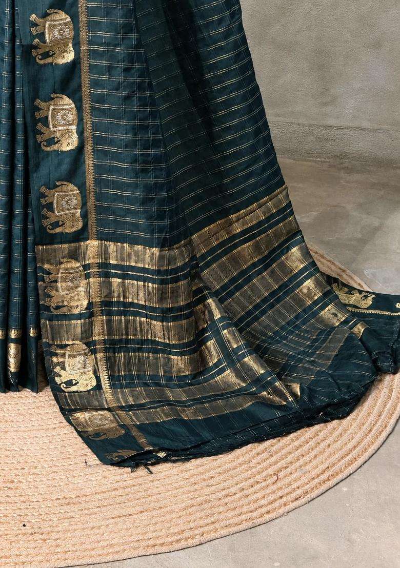Peacock Blue Soft Silk Saree With Traditional Woven Design For Women - Indya