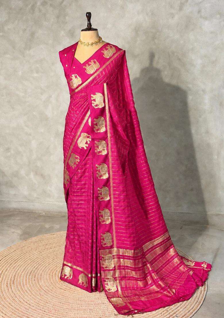 Rani Pink Soft Silk Saree With Traditional Woven Design For Women - Indya