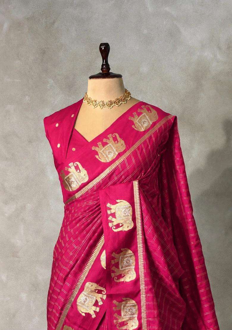 Rani Pink Soft Silk Saree With Traditional Woven Design For Women - Indya