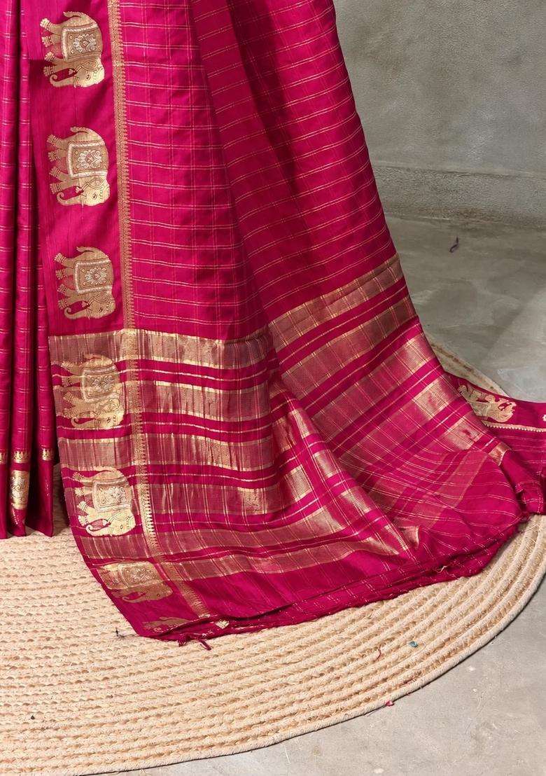 Rani Pink Soft Silk Saree With Traditional Woven Design For Women - Indya