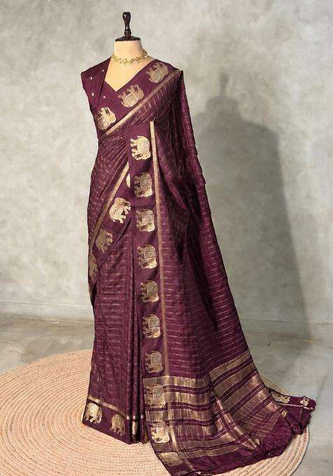 Deep Purple Soft Silk Saree With Traditional Woven Design For Women