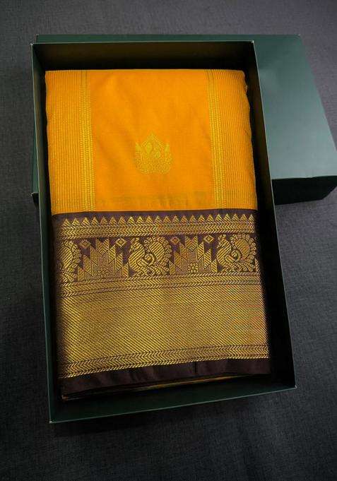 Yellow And Brown Semi Kanchipuram Silk Saree With Traditional Woven Design For Women