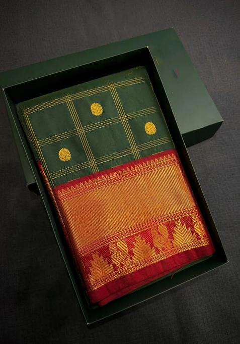 Dark Green And Maroon Semi Kanchipuram Silk Saree With Traditional Woven Design For Women