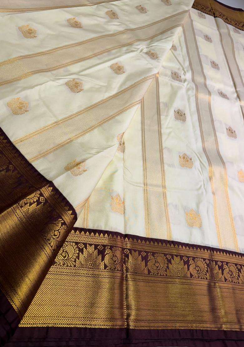 Sandal And Brown Semi Kanchipuram Silk Saree With Traditional Woven Design For Women - Indya