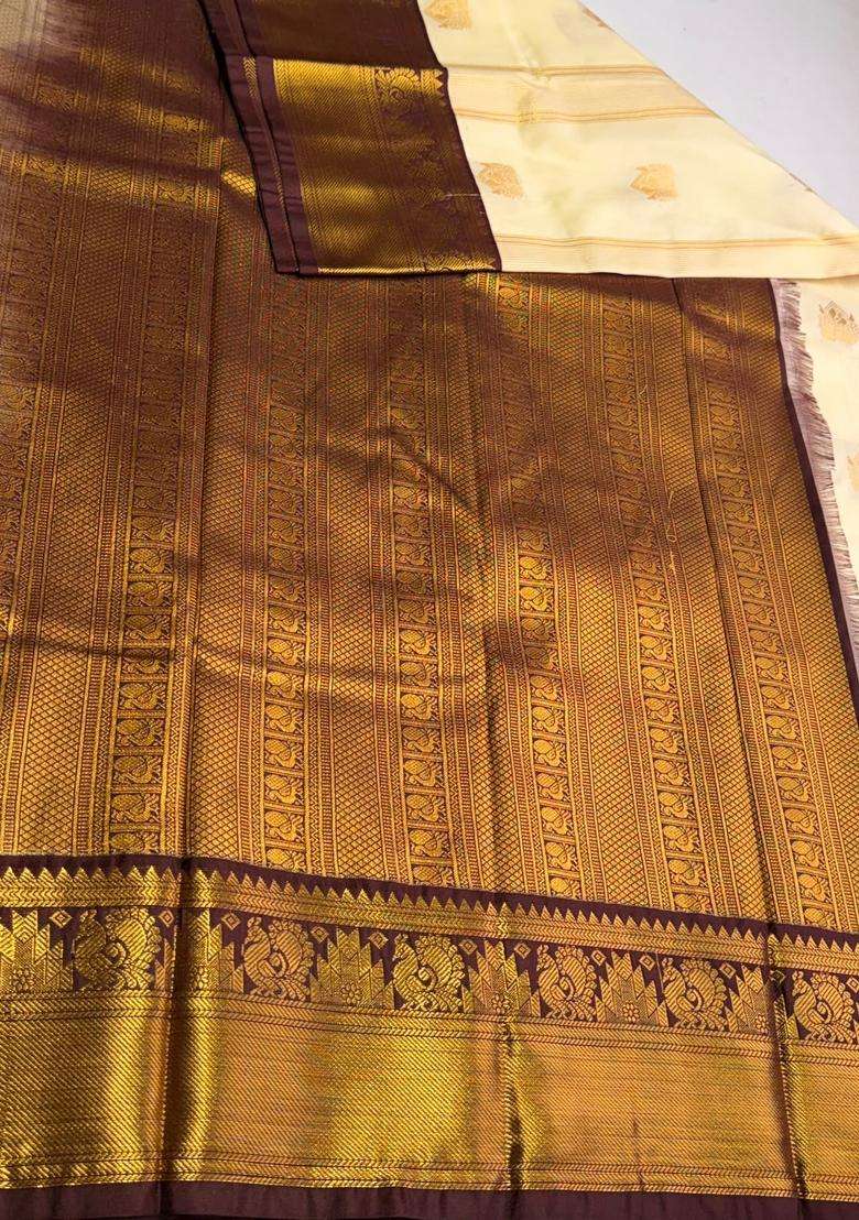 Sandal And Brown Semi Kanchipuram Silk Saree With Traditional Woven Design For Women - Indya
