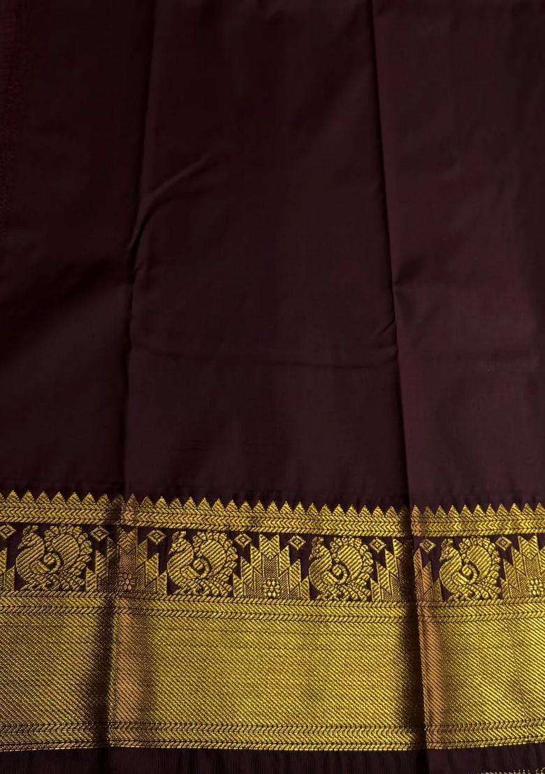 Sandal And Brown Semi Kanchipuram Silk Saree With Traditional Woven Design For Women - Indya