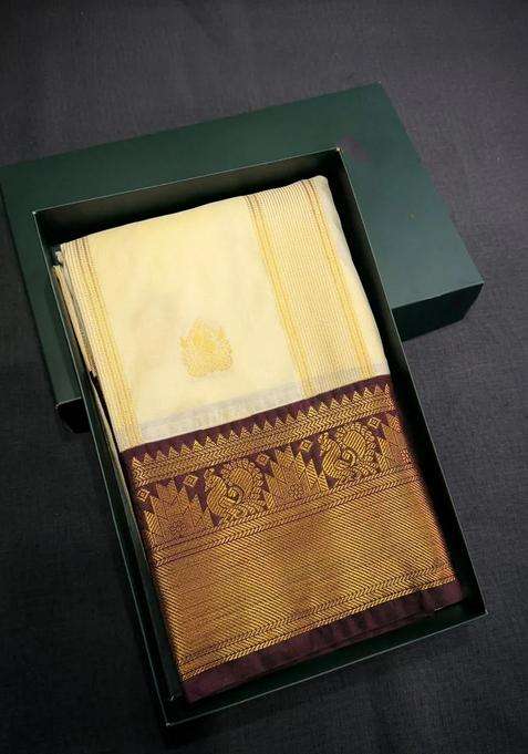 Sandal And Brown Semi Kanchipuram Silk Saree With Traditional Woven Design For Women