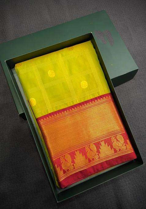 Parrot Green And Maroon Semi Kanchipuram Silk Saree With Traditional Woven Design For Women