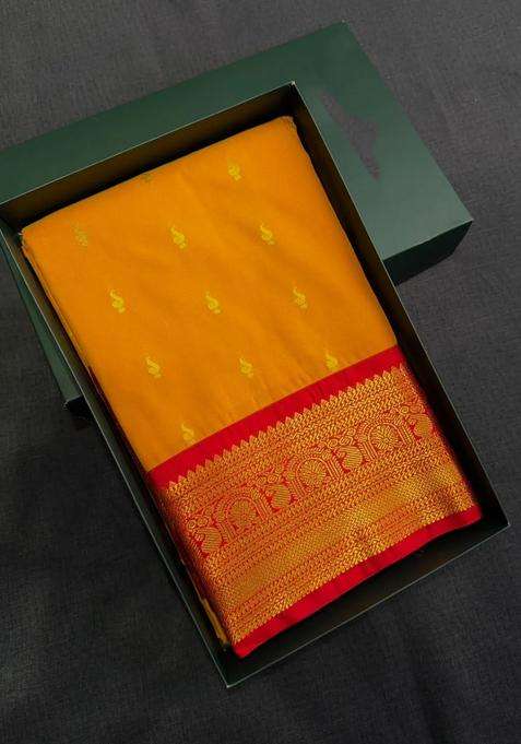 Yellow And Red Semi Kanchipuram Silk Saree With Traditional Woven Design For Women
