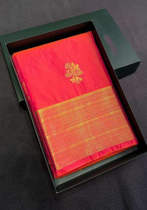 Peachish Orange Semi Kanchipuram Silk Saree With Traditional Woven Design For Women