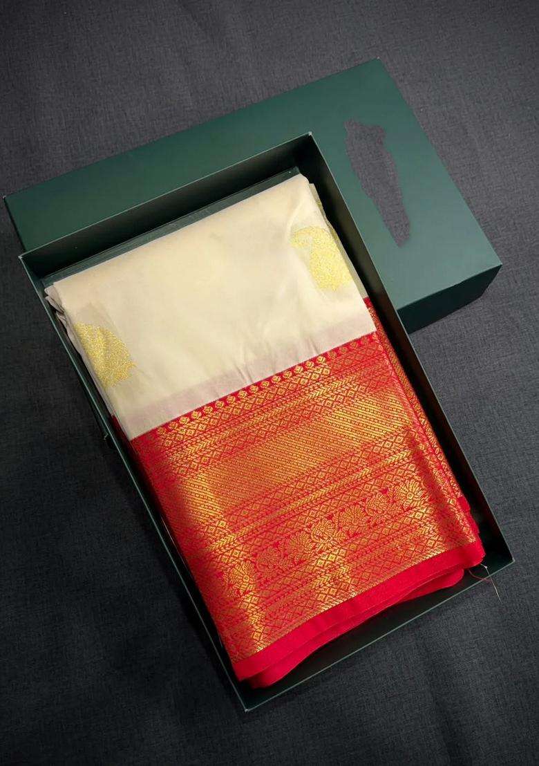Sandal And Red Semi Kanchipuram Silk Saree With Traditional Woven Design For Women - Indya