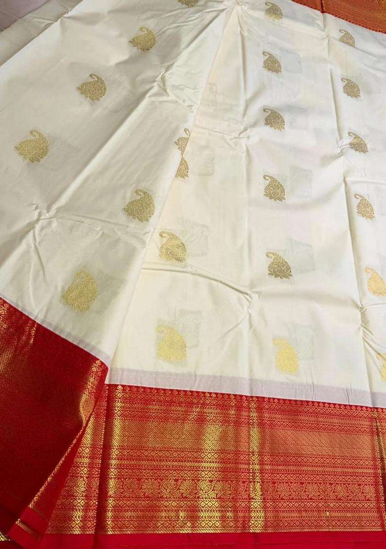 Sandal And Red Semi Kanchipuram Silk Saree With Traditional Woven Design For Women - Indya
