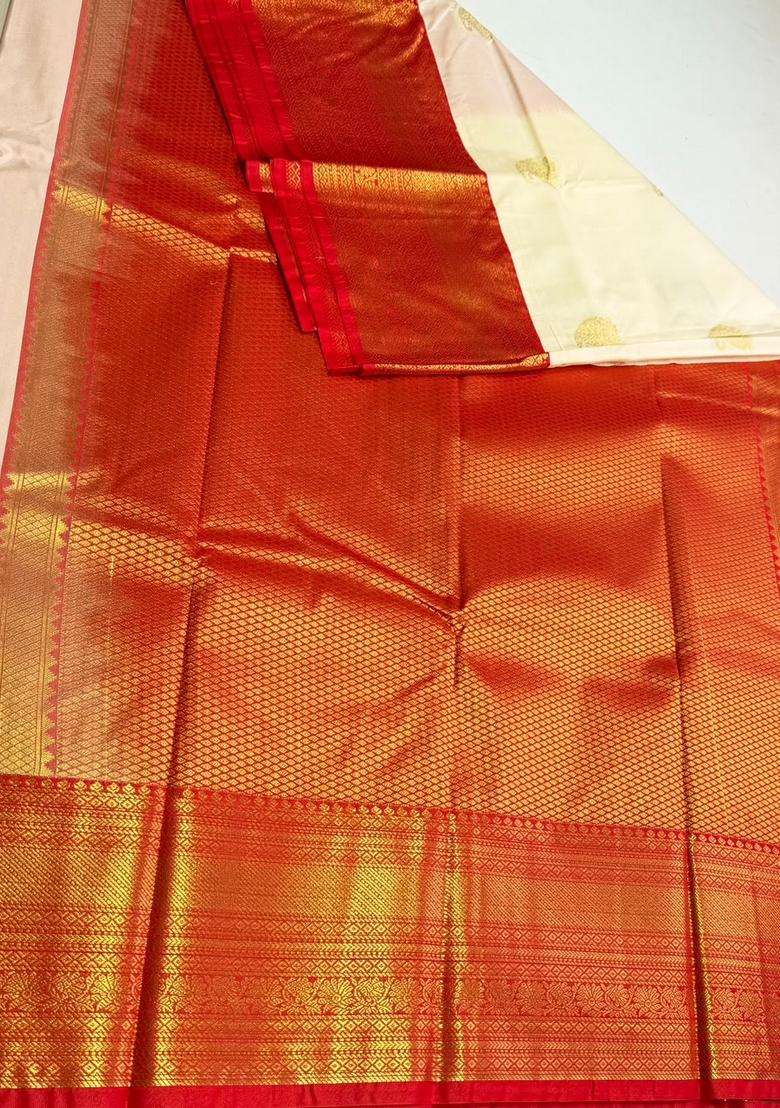Sandal And Red Semi Kanchipuram Silk Saree With Traditional Woven Design For Women - Indya