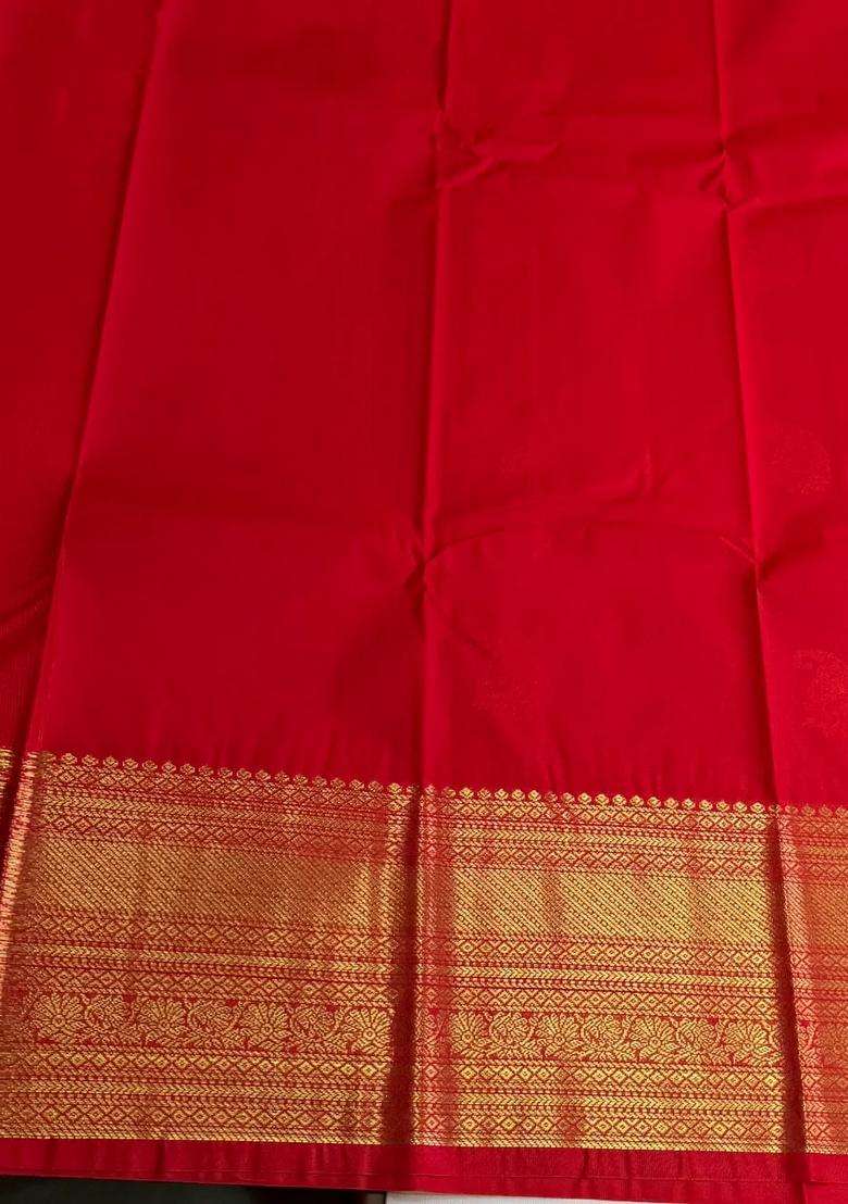 Sandal And Red Semi Kanchipuram Silk Saree With Traditional Woven Design For Women - Indya