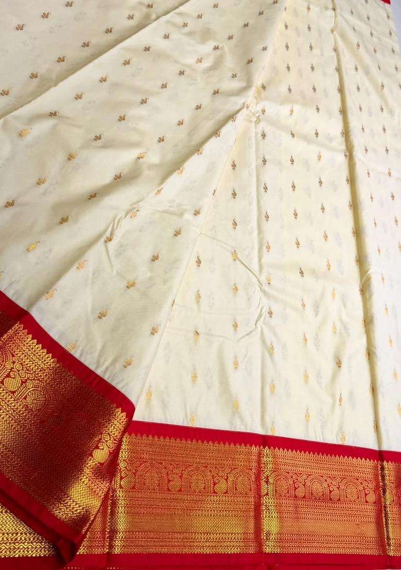 Sandal And Red Semi Kanchipuram Silk Saree With Traditional Woven Design For Women - Indya