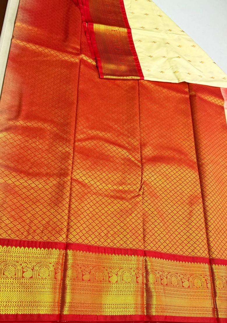 Sandal And Red Semi Kanchipuram Silk Saree With Traditional Woven Design For Women - Indya