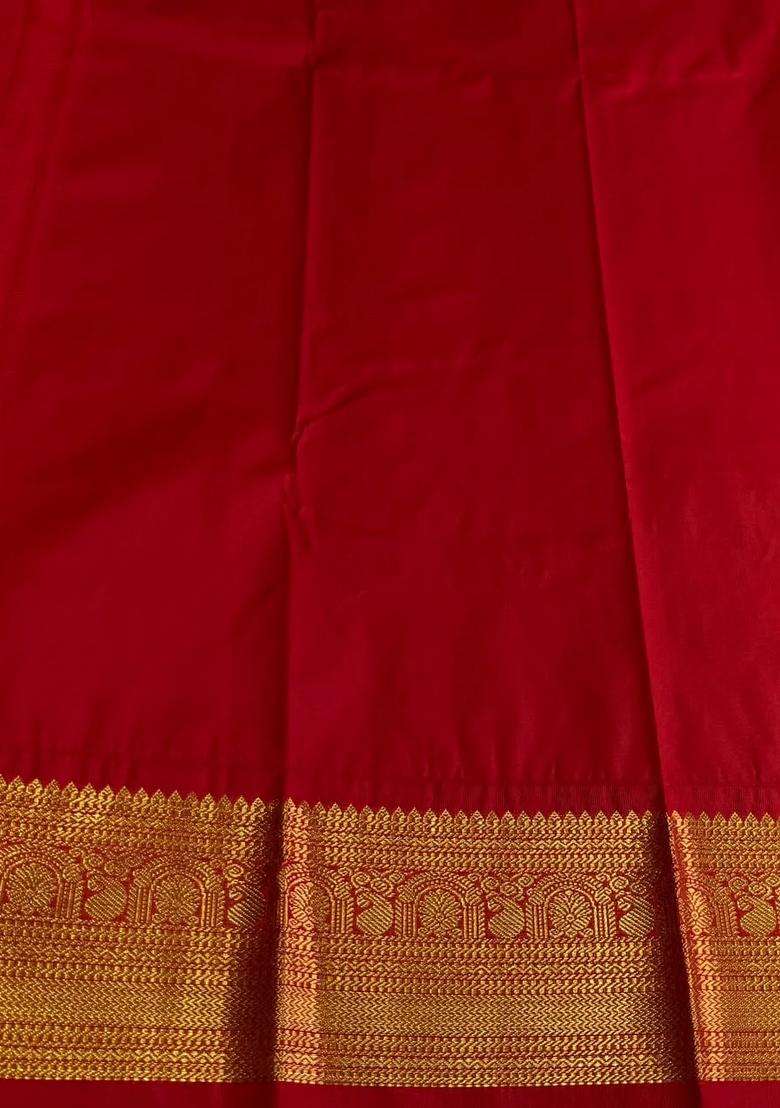 Sandal And Red Semi Kanchipuram Silk Saree With Traditional Woven Design For Women - Indya
