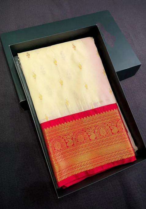 Sandal And Red Semi Kanchipuram Silk Saree With Traditional Woven Design For Women