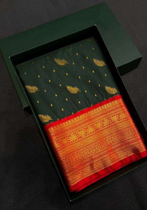 Bottle Green And Red Semi Kanchipuram Silk Saree With Traditional Woven Design For Women