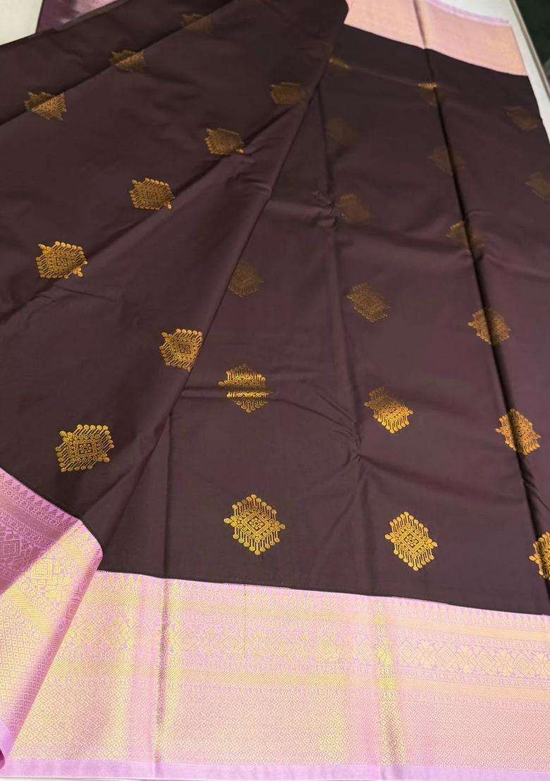 Brown And Pink Semi Kanchipuram Silk Saree With Traditional Woven Design For Women - Indya
