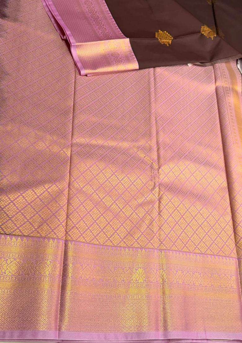 Brown And Pink Semi Kanchipuram Silk Saree With Traditional Woven Design For Women - Indya