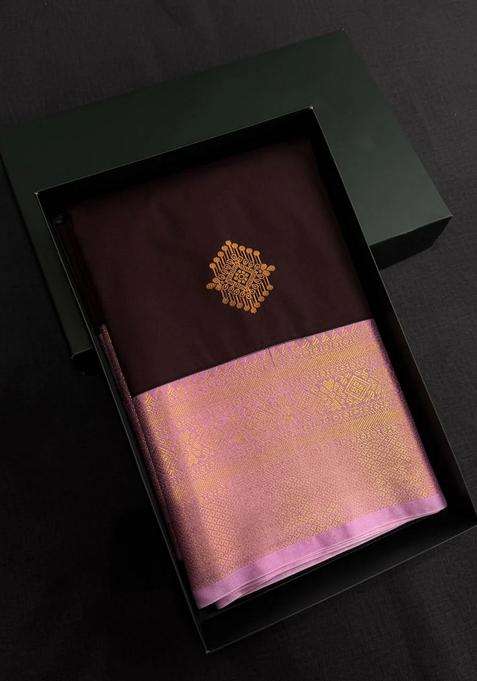 Brown And Pink Semi Kanchipuram Silk Saree With Traditional Woven Design For Women