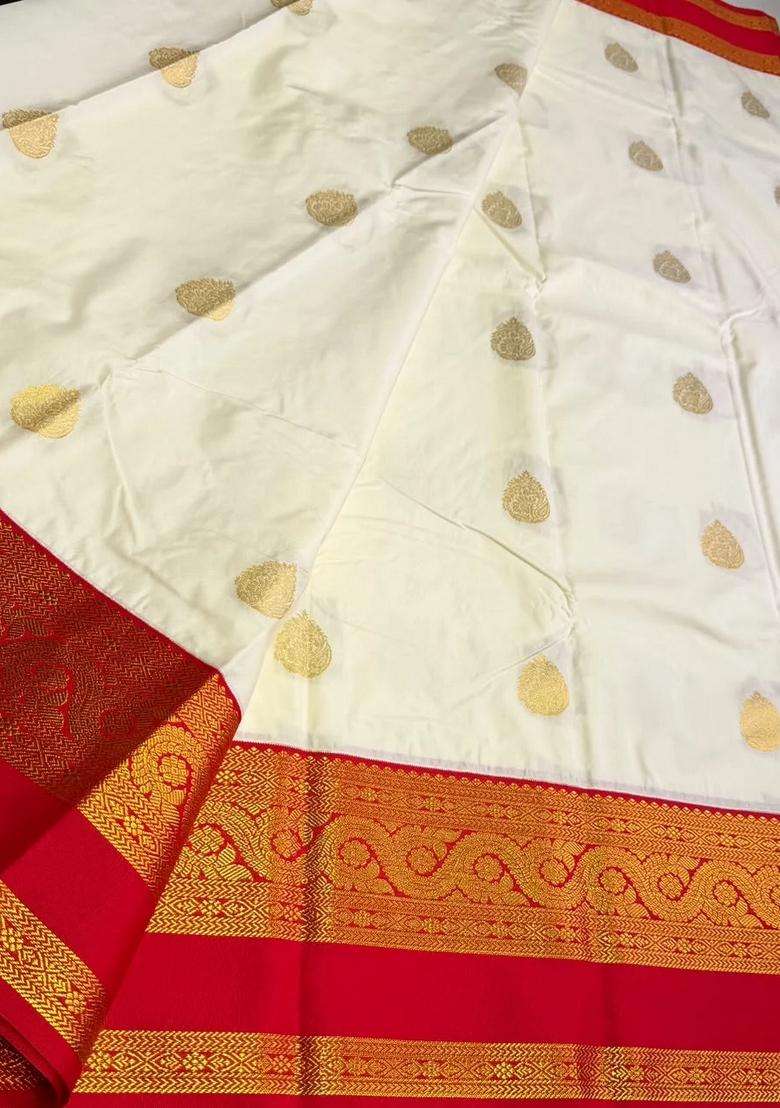 Sandal And Red Semi Kanchipuram Silk Saree With Traditional Woven Design For Women - Indya