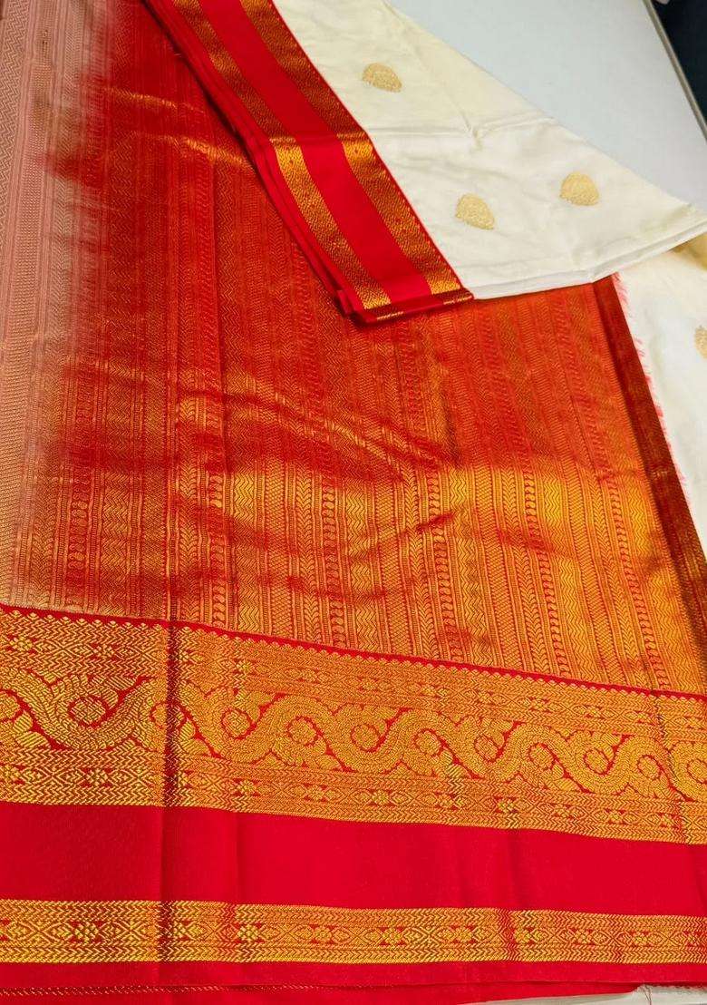 Sandal And Red Semi Kanchipuram Silk Saree With Traditional Woven Design For Women - Indya