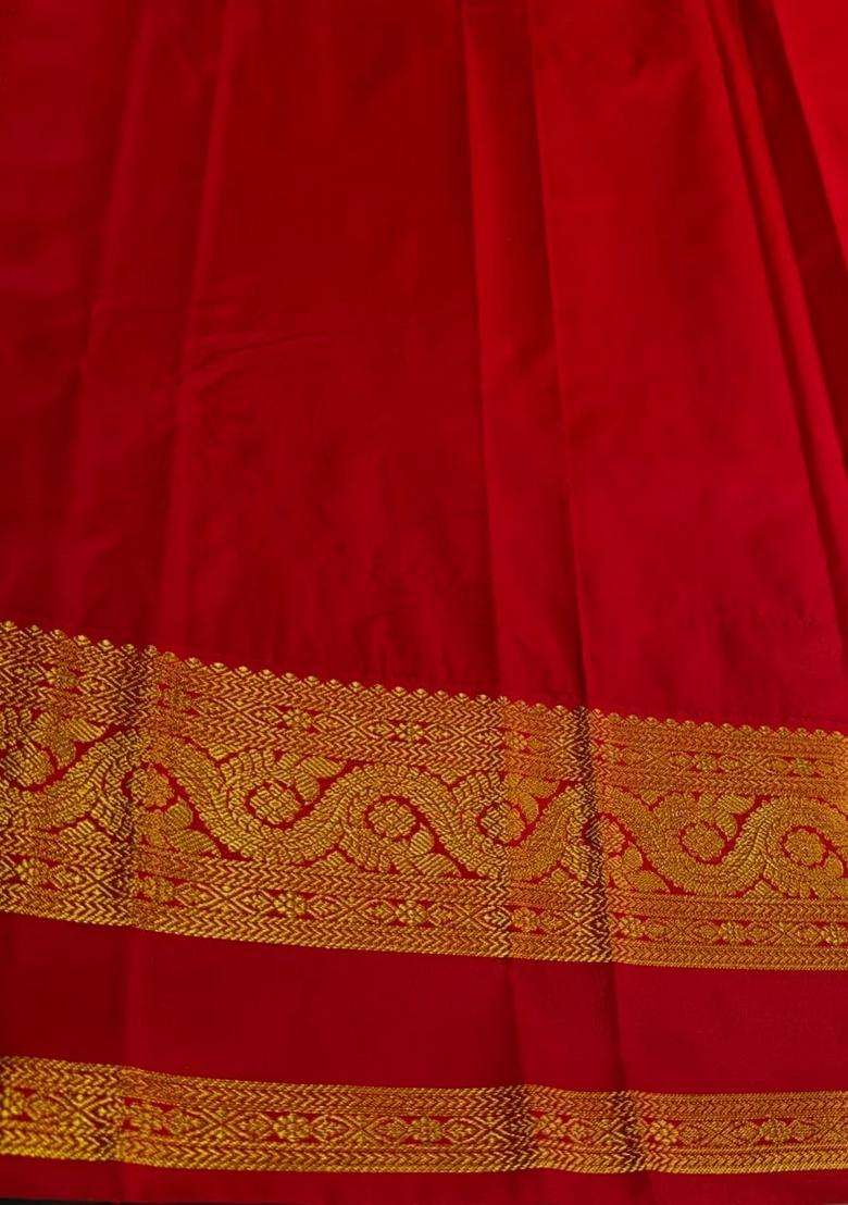 Sandal And Red Semi Kanchipuram Silk Saree With Traditional Woven Design For Women - Indya