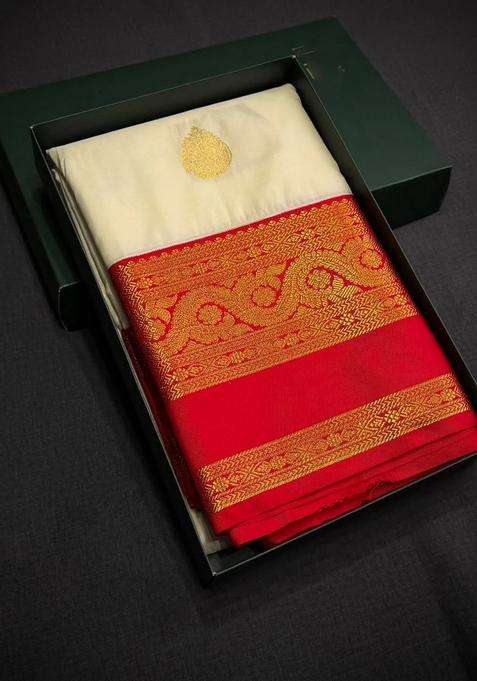 Sandal And Red Semi Kanchipuram Silk Saree With Traditional Woven Design For Women