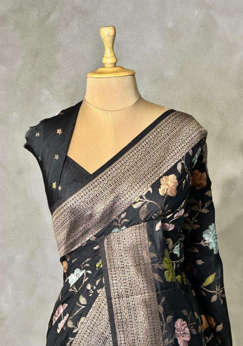 Black Semi Tusser Silk Tussar Saree With Traditional Woven Design For Women - Indya