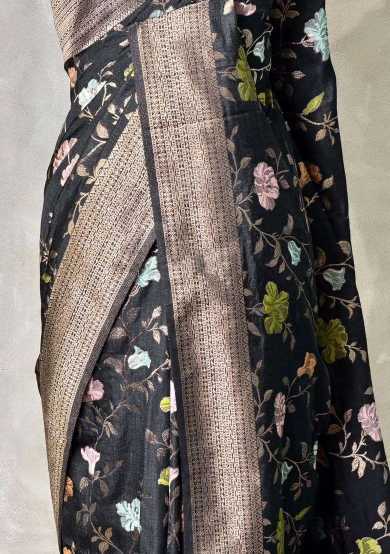 Black Semi Tusser Silk Tussar Saree With Traditional Woven Design For Women - Indya