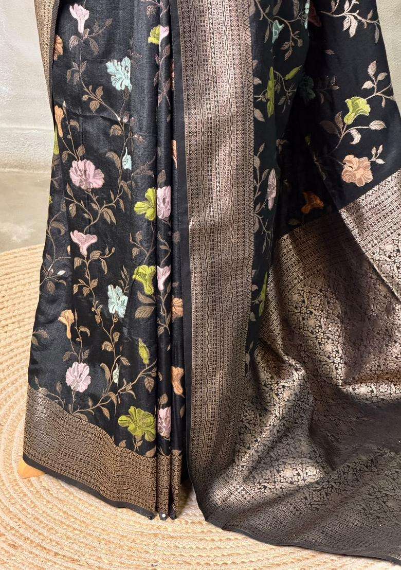 Black Semi Tusser Silk Tussar Saree With Traditional Woven Design For Women - Indya