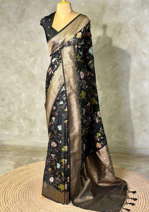 Black Semi Tusser Silk Tussar Saree With Traditional Woven Design For Women