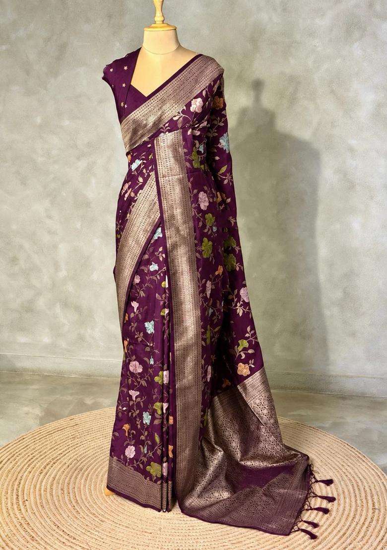 Deep Wine Semi Tusser Silk Tussar Saree With Traditional Woven Design For Women - Indya