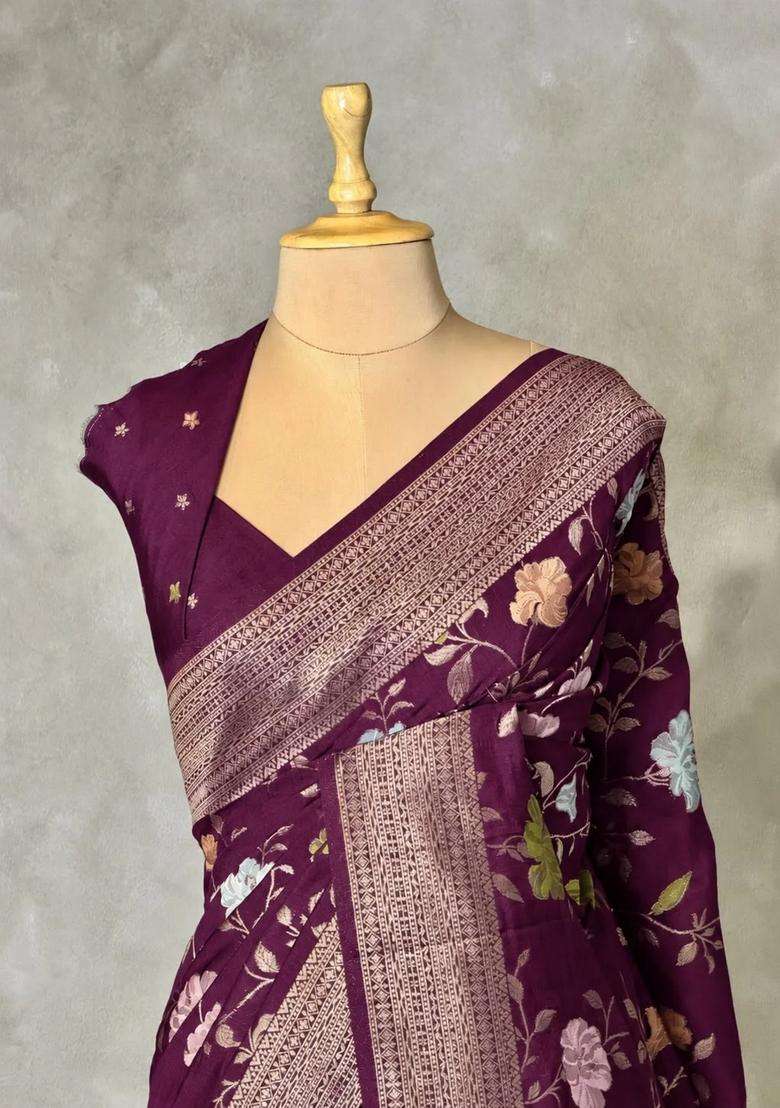 Deep Wine Semi Tusser Silk Tussar Saree With Traditional Woven Design For Women - Indya