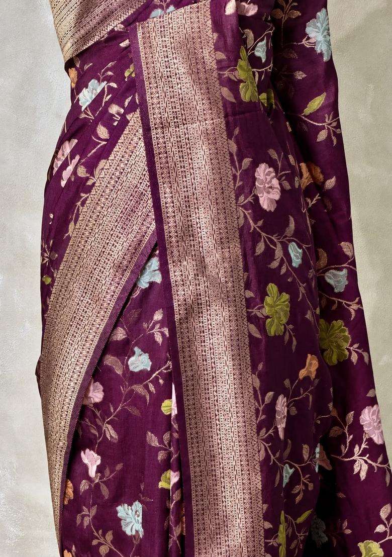 Deep Wine Semi Tusser Silk Tussar Saree With Traditional Woven Design For Women - Indya