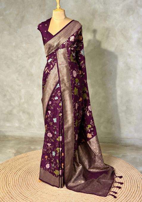 Deep Wine Semi Tusser Silk Tussar Saree With Traditional Woven Design For Women