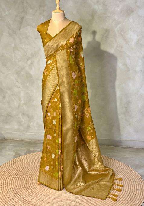 Deep Olive Green Semi Tusser Silk Tussar Saree With Traditional Woven Design For Women